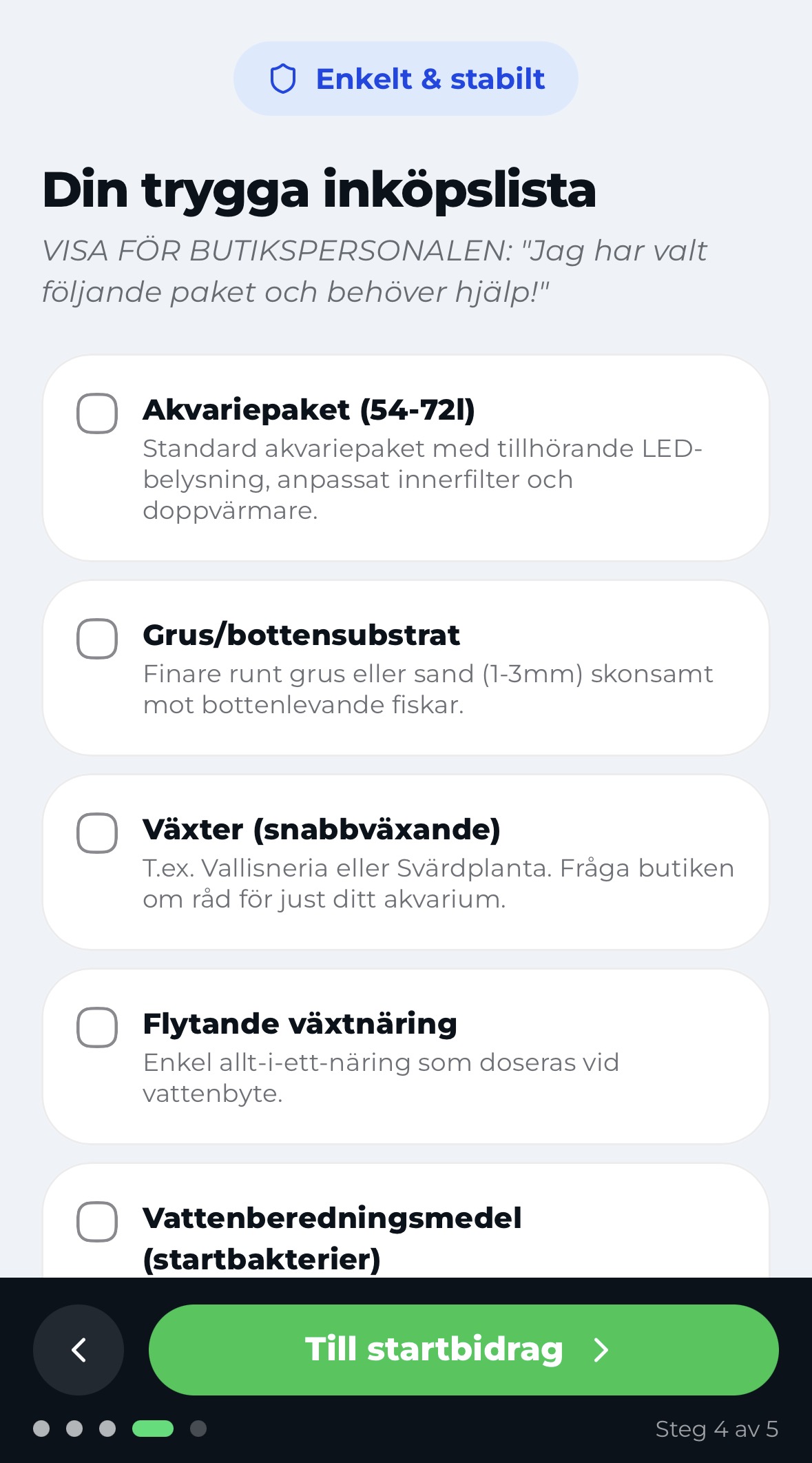 Exempel på färdig inköpslista i startplanen